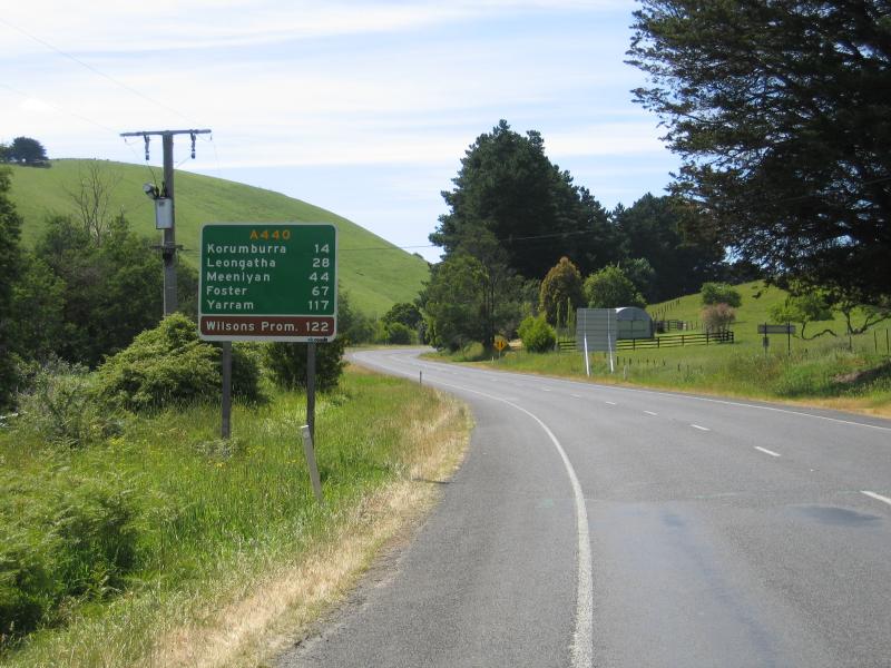 Korumburra - South Gippsland Highway west of Korumburra: View east through rolling hills on the South Gippsland Highway, 14 km west of Korumburra, near Loch