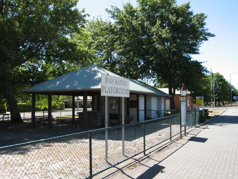 Kyneton - Bourke Street: Jean Haynes Playground and Kyneton Visitor Information Centre, view east along Bourke St towards Wheatley St