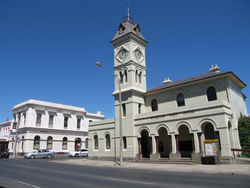 Kyneton - Shops along Mollison Street: Kyneton Post Office, view south along Mollison St towards Jennings St