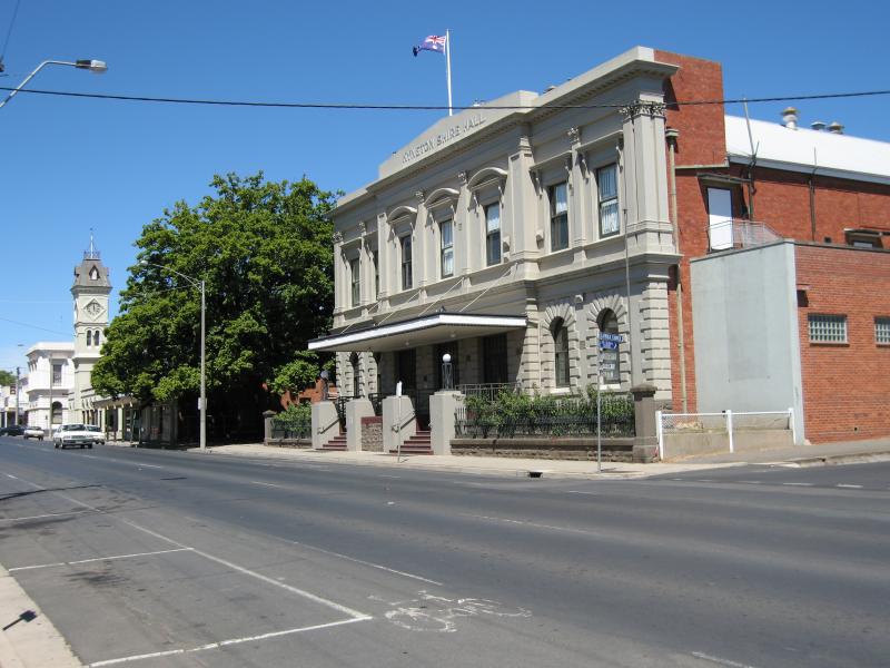 Kyneton - Shops along Mollison Street: Council offices at the Kyneton Shire Hall, view south along Mollison St at Hutton St
