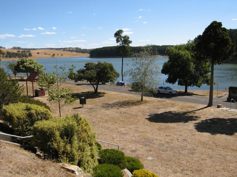 Kyneton - Lauriston Reservoir: View south-west across picnic and BBQ areas near dam wall
