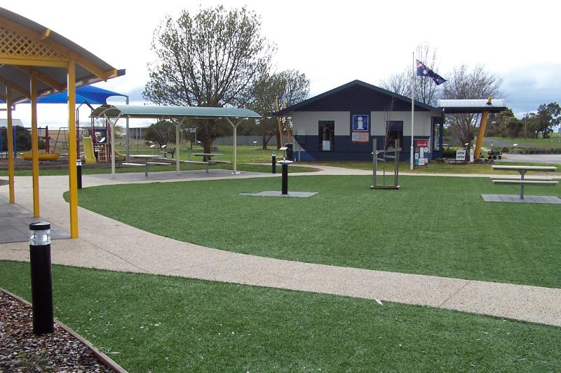 Lake Bolac - Information & Business Centre, corner Glenelg Highway and Montgomery Street: Lawns and shelters (supplied by LBiBC)