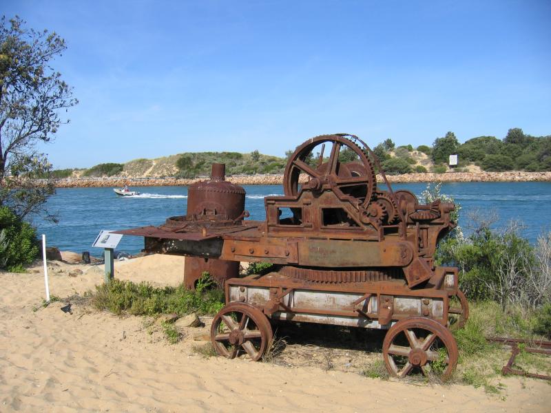 Lakes Entrance - Main Beach along Cunninghame Arm: Machinery relics at the New Works Historic Site which fronts The Narrows