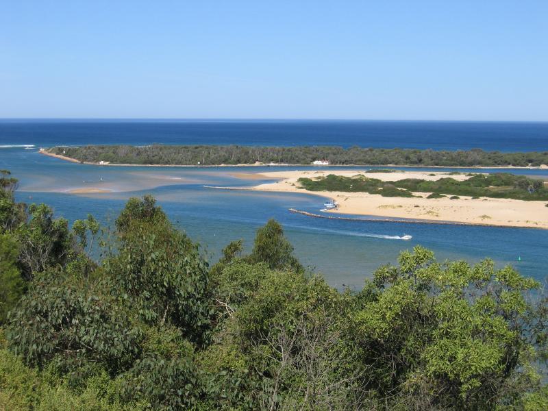 Lakes Entrance - Lookout, corner Princes Highway and Hotel Road, Kalimna - View south-east along The Narrows towards Rigby Island