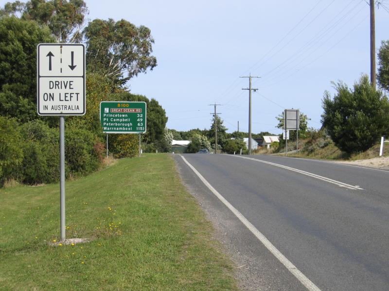 Lavers Hill - Shops and commercial centre: 'Drive on left in Australia' sign frequently seen on the Great Ocean Road