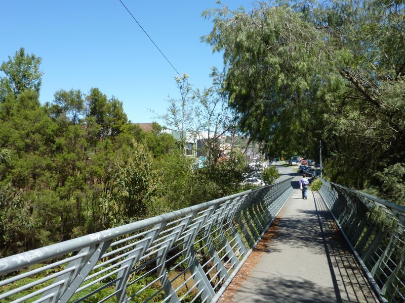 Lilydale - Shops and commercial centre, Main Street: View west along footbridge over Olinda Creek, south side of Main St