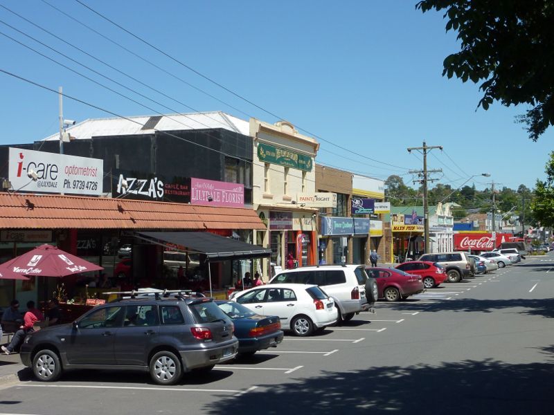 Lilydale - Shops and commercial centre, Main Street: View west along Main St west of Olinda Creek