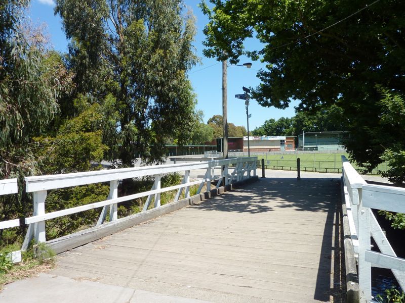 Lilydale - Lilydale Recreation Reserve, off Main Street and Chapel Street: View west across footbridge over Olinda Creek towards main oval