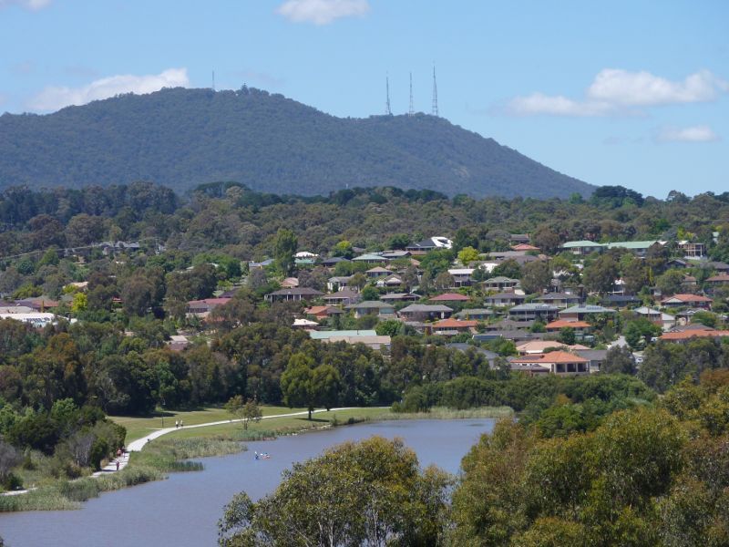 Lilydale - Lillydale Lake Park, Swansea Road: Southerly view across lake towards Mt Dandenong at lookout