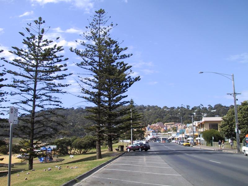 Lorne - Commercial centre and shops, Mountjoy Parade: View south along Mountjoy Pde and foreshore between Grove Rd and William St