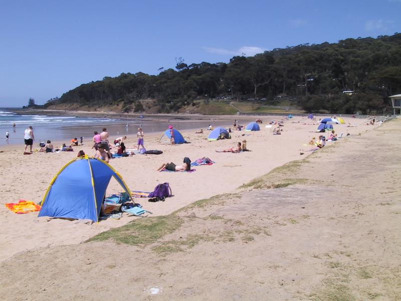Lorne - Main beach and foreshore area: View south along beach towards Surf Life Saving Club