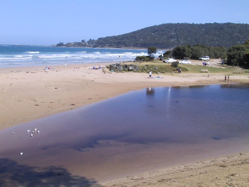 Lorne - Erskine River: View south along coast at Erskine River mouth