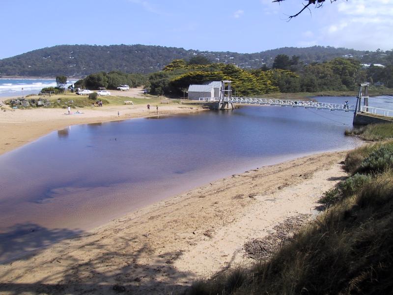 Lorne - Erskine River: View along Erskine River from mouth of river towards suspension bridge
