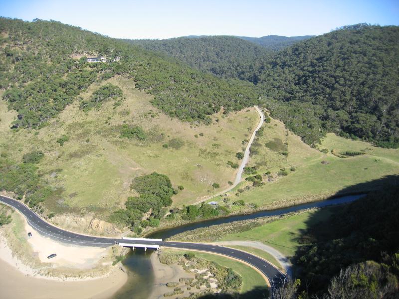 Lorne - Teddys Lookout: View west from lower lookout towards Great Ocean Rd bridge over St George River