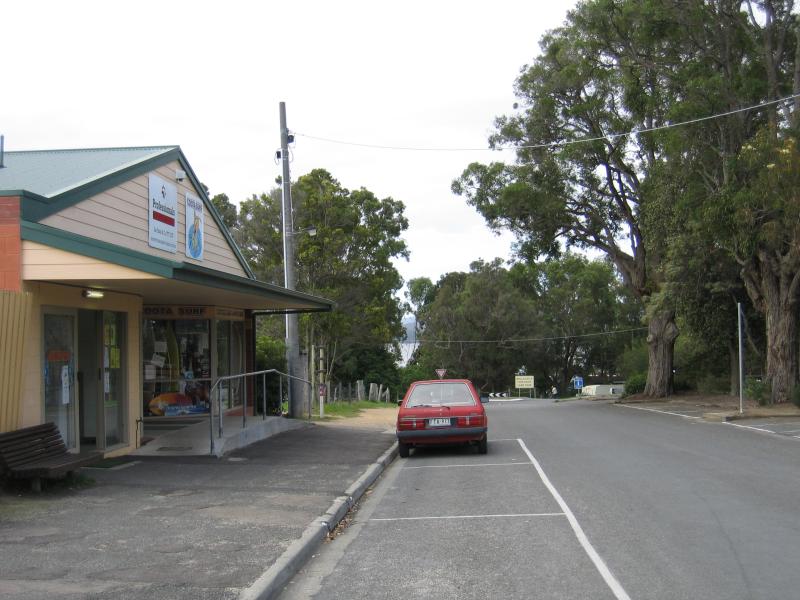 Mallacoota - Shops and commercial centre, Maurice Avenue: View north-east along Maurice Av towards Allan Dr