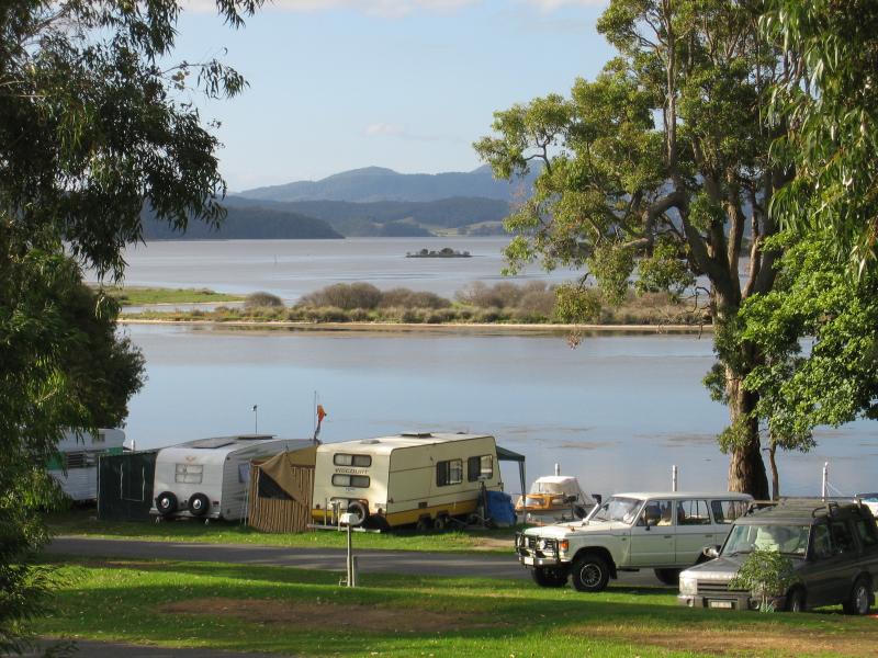 Mallacoota - Foreshore Camping Park, Allan Drive: View across camping park from Allan Dr near Maurice Av