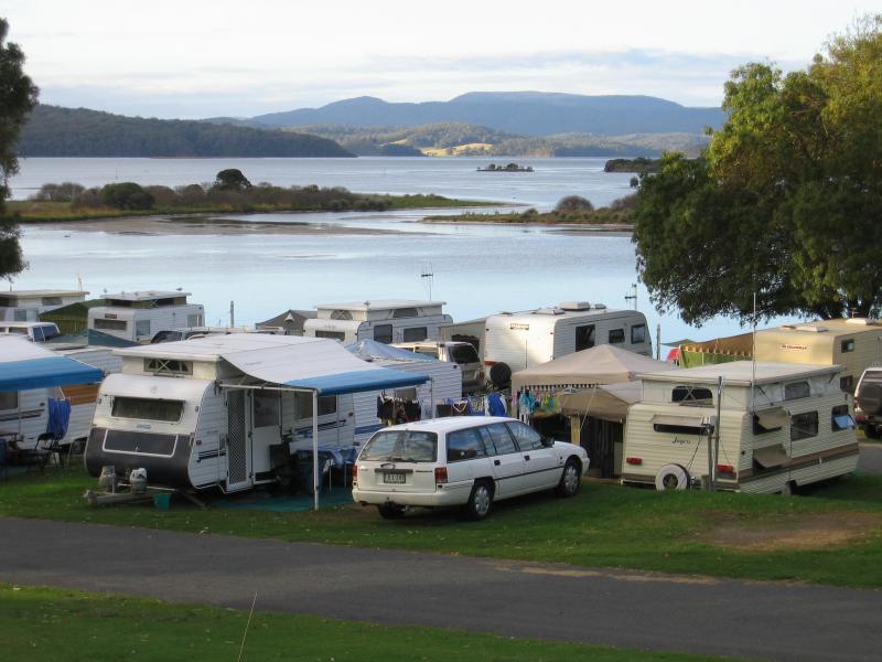 Mallacoota - Foreshore Camping Park, Allan Drive: Caravans and campers, view across camping park from Allan Dr near Dorron Av