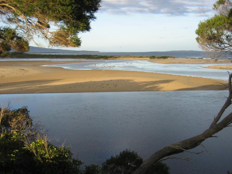 Mallacoota - Recreation Reserve, south of Allan Drive: View east across sand bar towards ocean