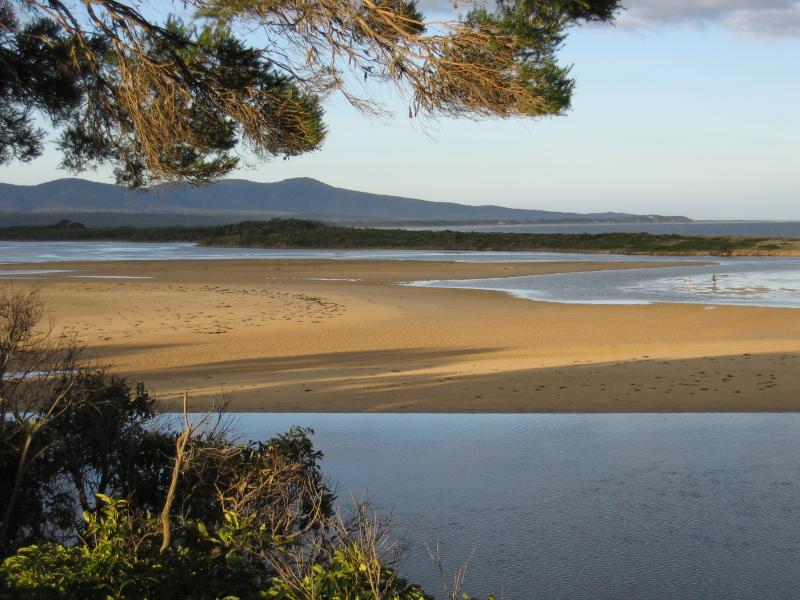 Mallacoota - Recreation Reserve, south of Allan Drive: View north-east across sand bar and along coast