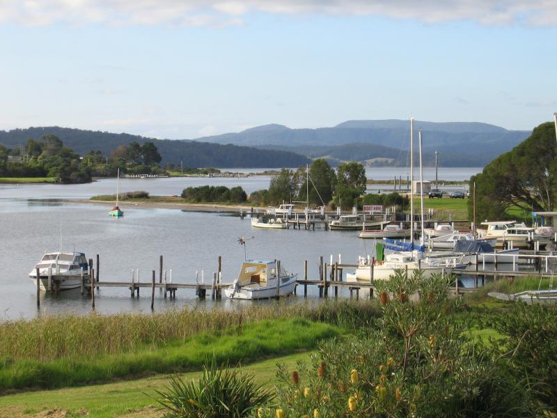Mallacoota - Lakeside Drive and nearby residential areas: View north towards jetties and Coulls Point from Lakeside Dr at Buckland Dr