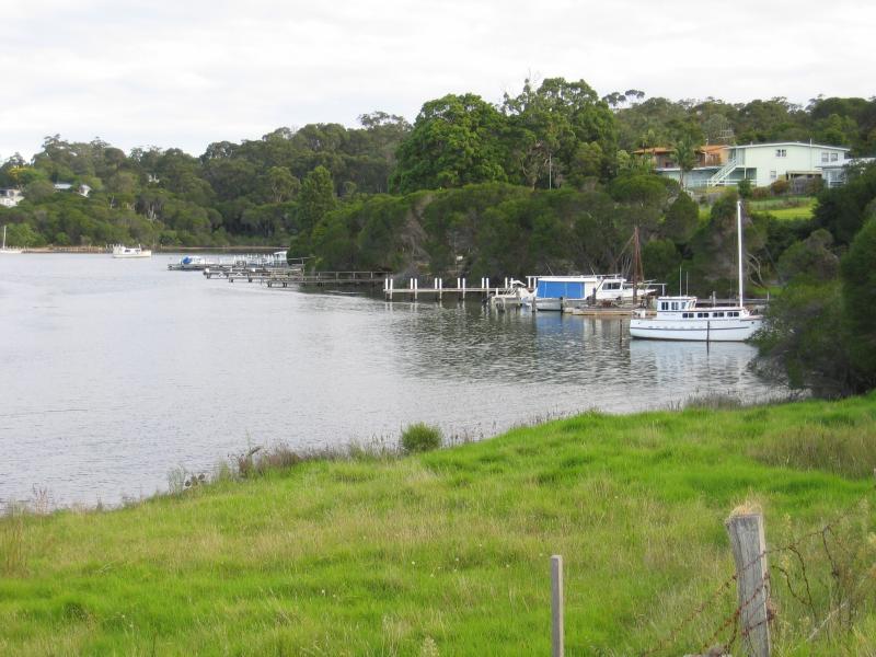 Mallacoota - Lakeside Drive and nearby residential areas: View south-west along coast towards jetties, Lakeside Dr north of Mirabooka Rd