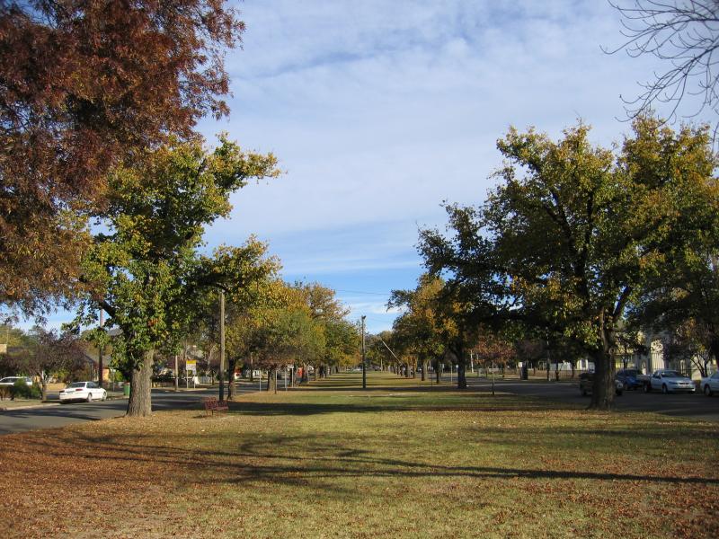 Mansfield - Around the sports ground area, Highett Street: View south along centre of Highett St at Curia St (autumn)
