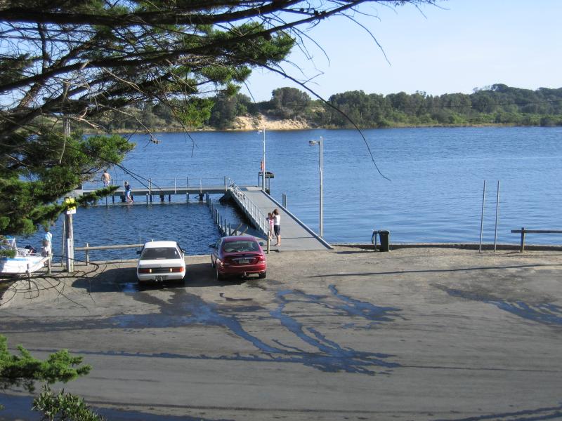 Marlo - Jetty, boat ramp and Foreshore Road: View south to jetty and across Snowy River