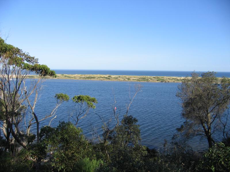 Marlo - Views from Marlo-Cape Conran Road: View south across Snowy River and towards Bass Strait from Sampsons Lookout