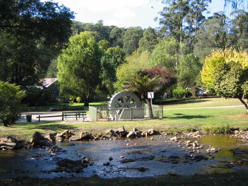 Marysville - (before the fires) Gallipoli Park, Murchison Street: View across Steavenson River towards old water wheel