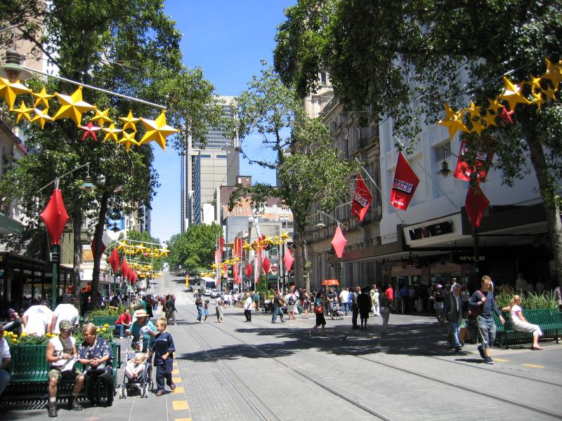 Melbourne CBD - Bourke Street Mall: View west towards Myer and GPO at Elizabeth St