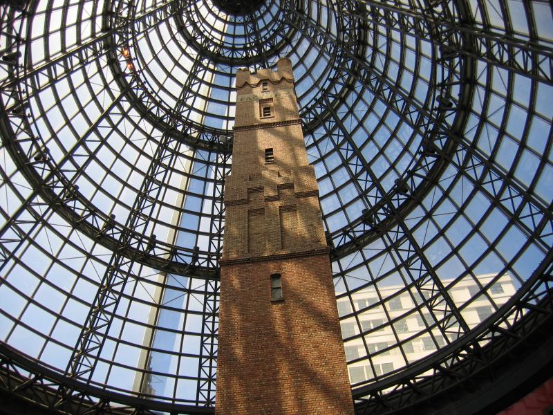 Melbourne CBD - Melbourne Central Shopping Centre and neighbouring department stores: View to top of Shot Tower and glass roof
