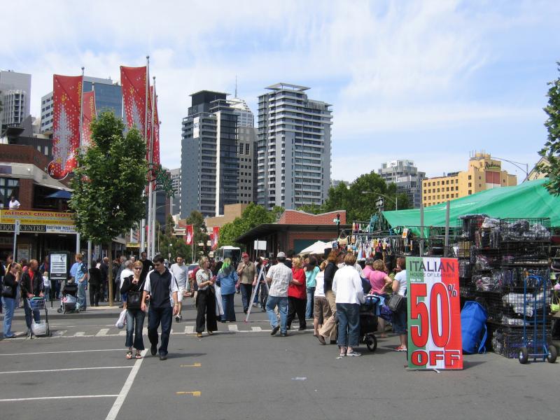 Melbourne CBD - Queen Victoria Market: View of market stalls, south along Queen St towards Therry St