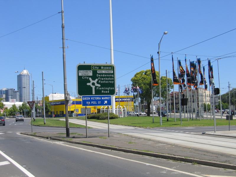 Melbourne CBD - Elizabeth Street and Flemington Road junction: View south along Elizabeth St towards roundabout at Flemington Rd and Peel St