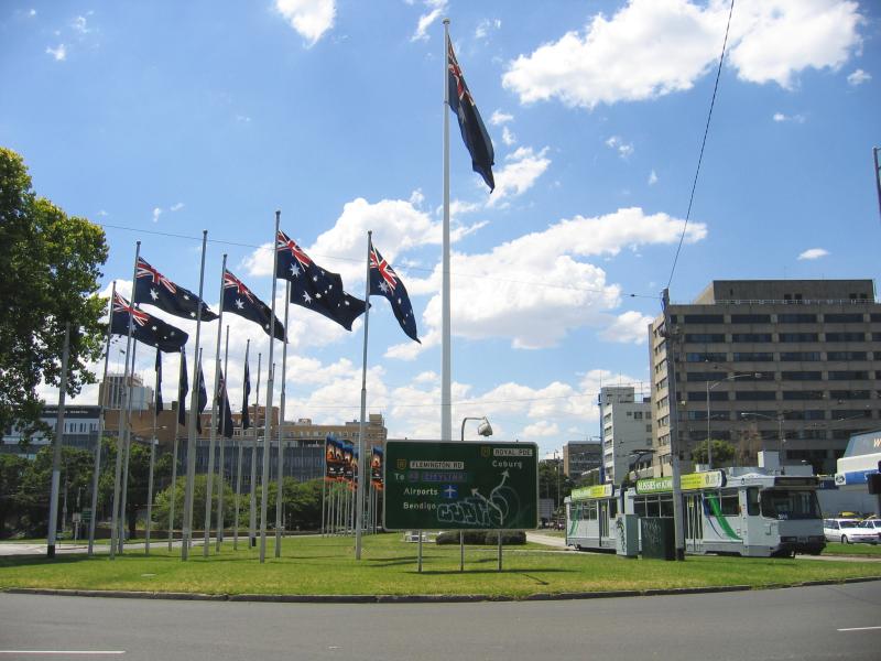 Melbourne CBD - Elizabeth Street and Flemington Road junction: View north along Elizabeth St at Peel St and Flemington Rd