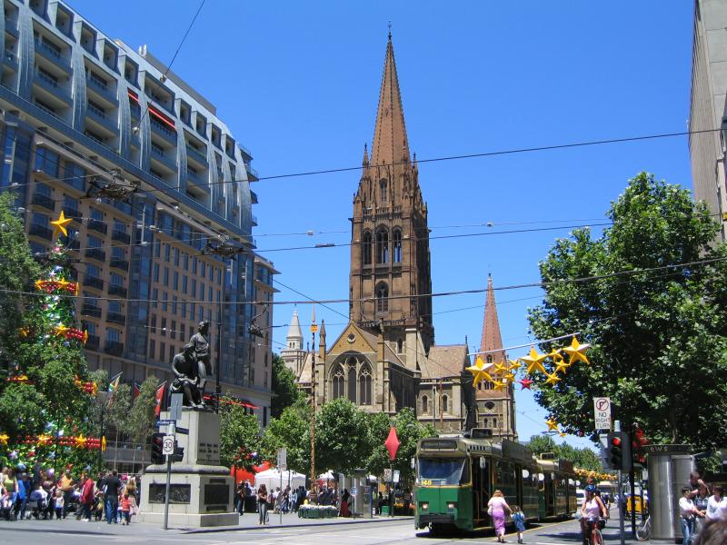 Melbourne CBD - City Square, Swanston Street: View south along Swanston St at Collins St towards Burke and Wills monument