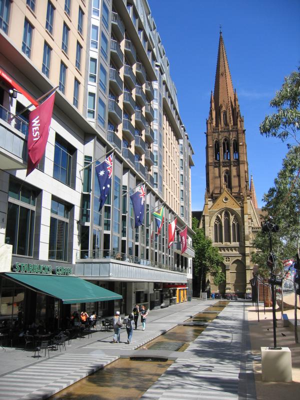 Melbourne CBD - City Square, Swanston Street: View south through City Square towards St Pauls Cathedral