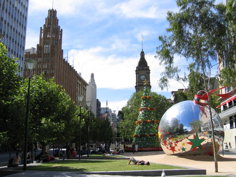 Melbourne CBD - City Square, Swanston Street: View north through City Square with Town Hall clock tower in background