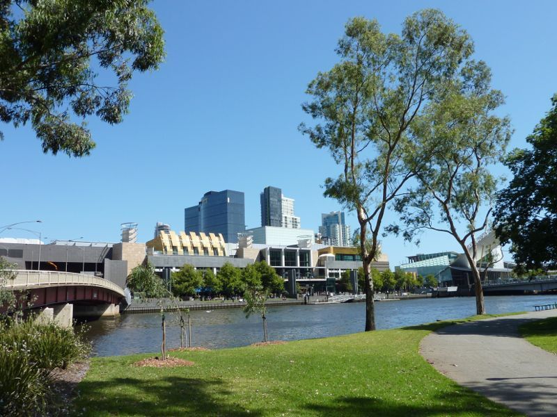 Melbourne CBD - Yarra River at Batman Park: View through Batman Park towards Yarra River and Crown Casino