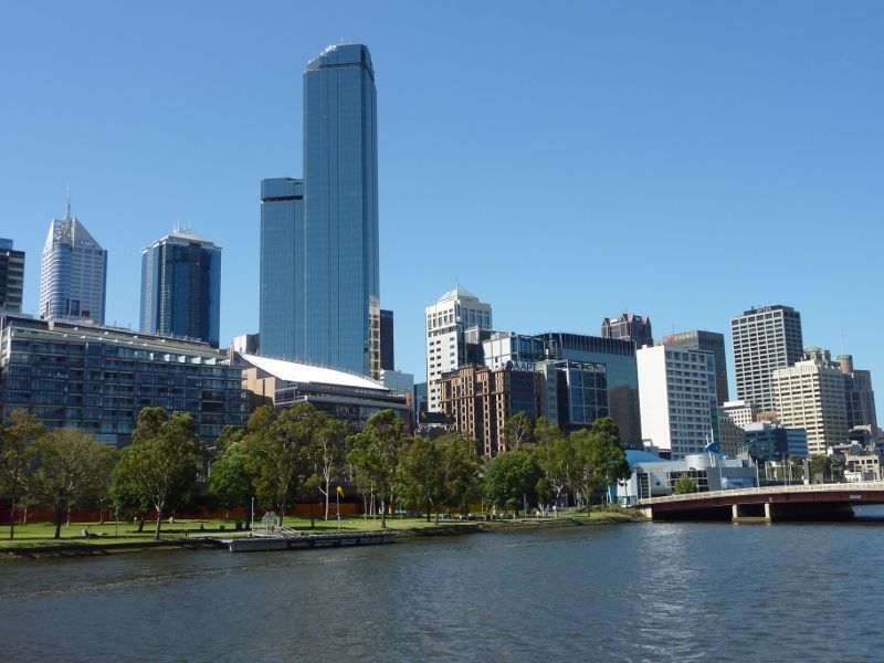 Melbourne CBD - Yarra River at Batman Park: View across Yarra River towards Batman Park and Rialto Towers