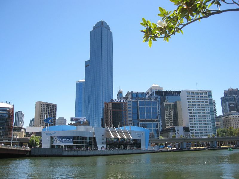 Melbourne CBD - Yarra River at Melbourne Aquarium: View across Yarra River towards Melbourne Aquarium and Rialto Towers