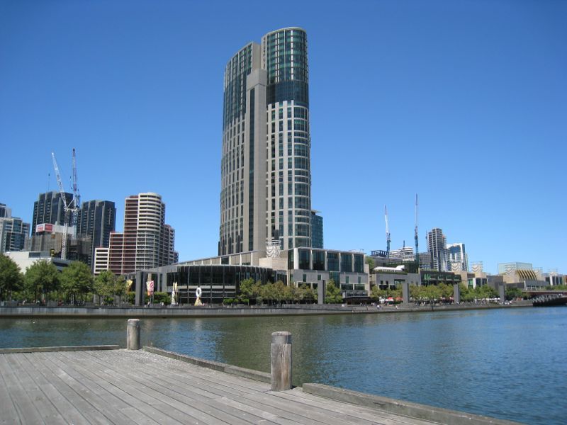 Melbourne CBD - Yarra River at Enterprize Park: View from Enterprize Wharf towards Crown Towers