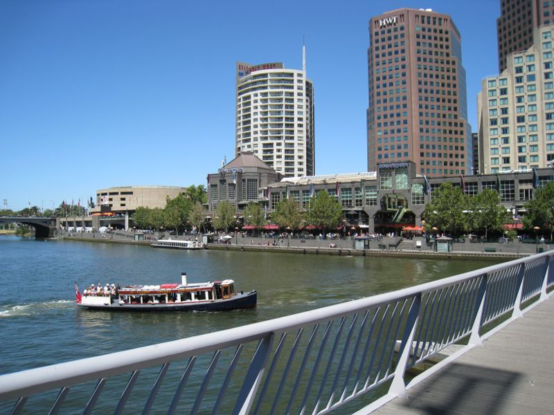 Melbourne CBD - Yarra River at Flinders Walk: View from Evan Walker Bridge towards Southgate