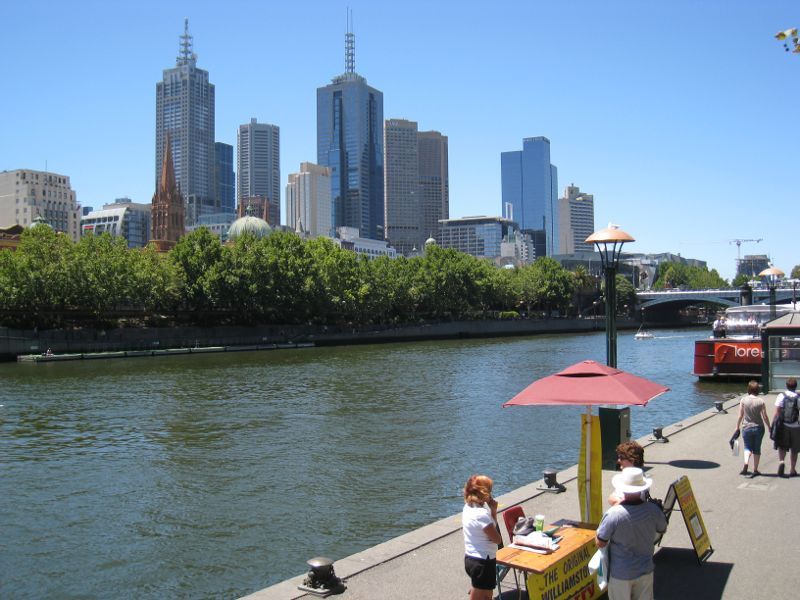 Melbourne CBD - Yarra River at Flinders Walk: View from Southbank Promenade across Yarra River towards city skyline