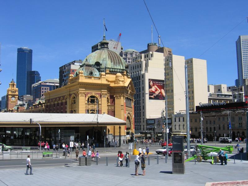 Melbourne CBD - Flinders Street Station, corner Flinders Street and Swanston Street: View west across Swanston St towards station