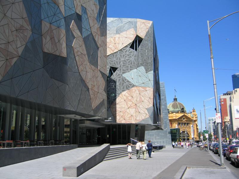 Melbourne CBD - Federation Square: View west along Flinders St at entrance to Australian Centre for the Moving Image