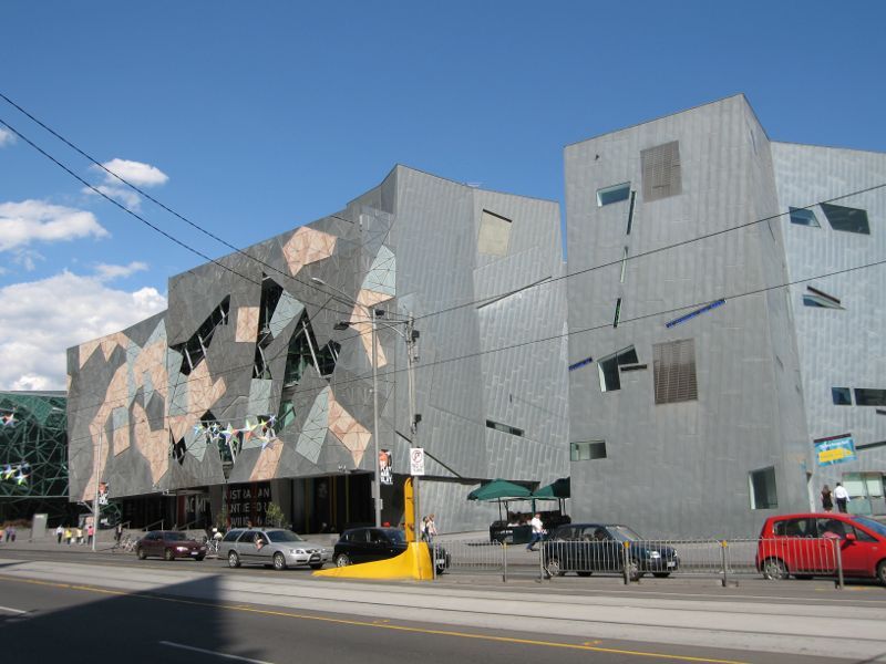 Melbourne CBD - Federation Square: View across Flinders St towards East Shard and Australian Centre for the Moving Image