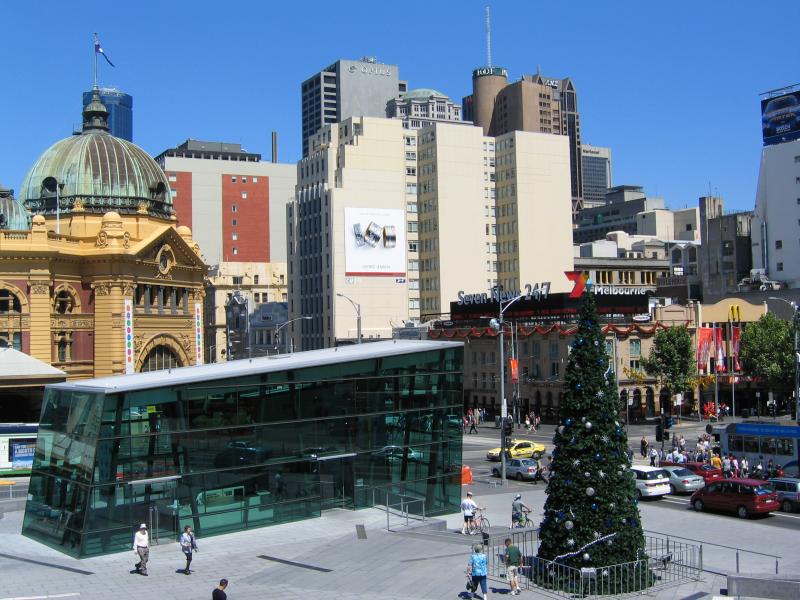 Melbourne CBD - Federation Square: View west across Federation Square towards Melbourne Visitor Centre and Flinders Street Station