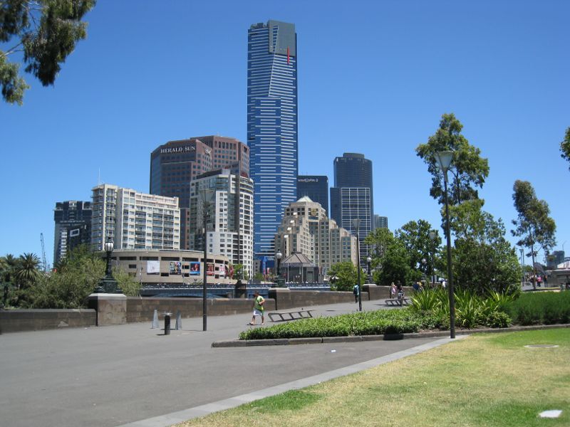 Melbourne CBD - Federation Square: View from River Terrace towards Eureka Tower and Southbank