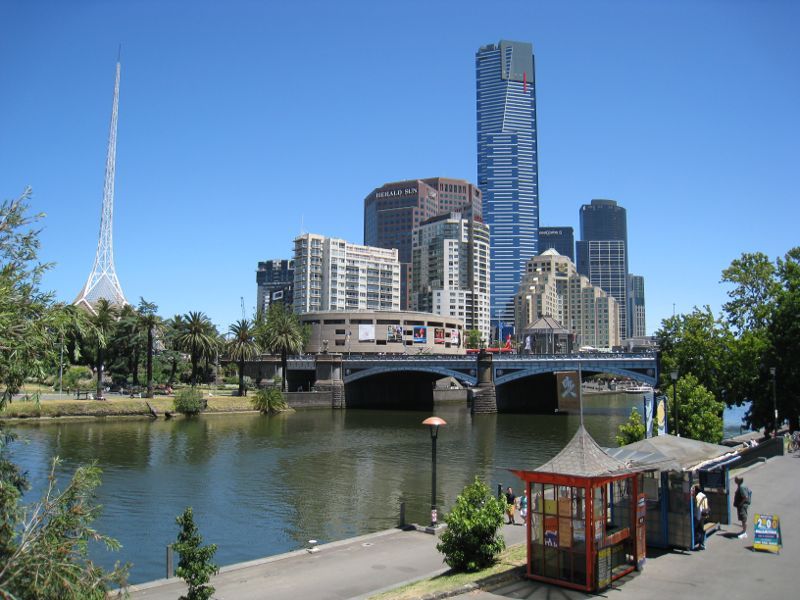 Melbourne CBD - Federation Square: View across Federation Wharf towards Yarra River, Princes Bridge and Arts Centre