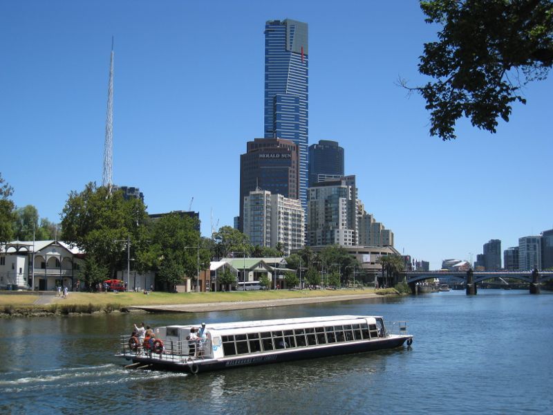 Melbourne CBD - Birrarung Marr and Yarra River: View across Yarra River towards boat sheds and Eureka Tower